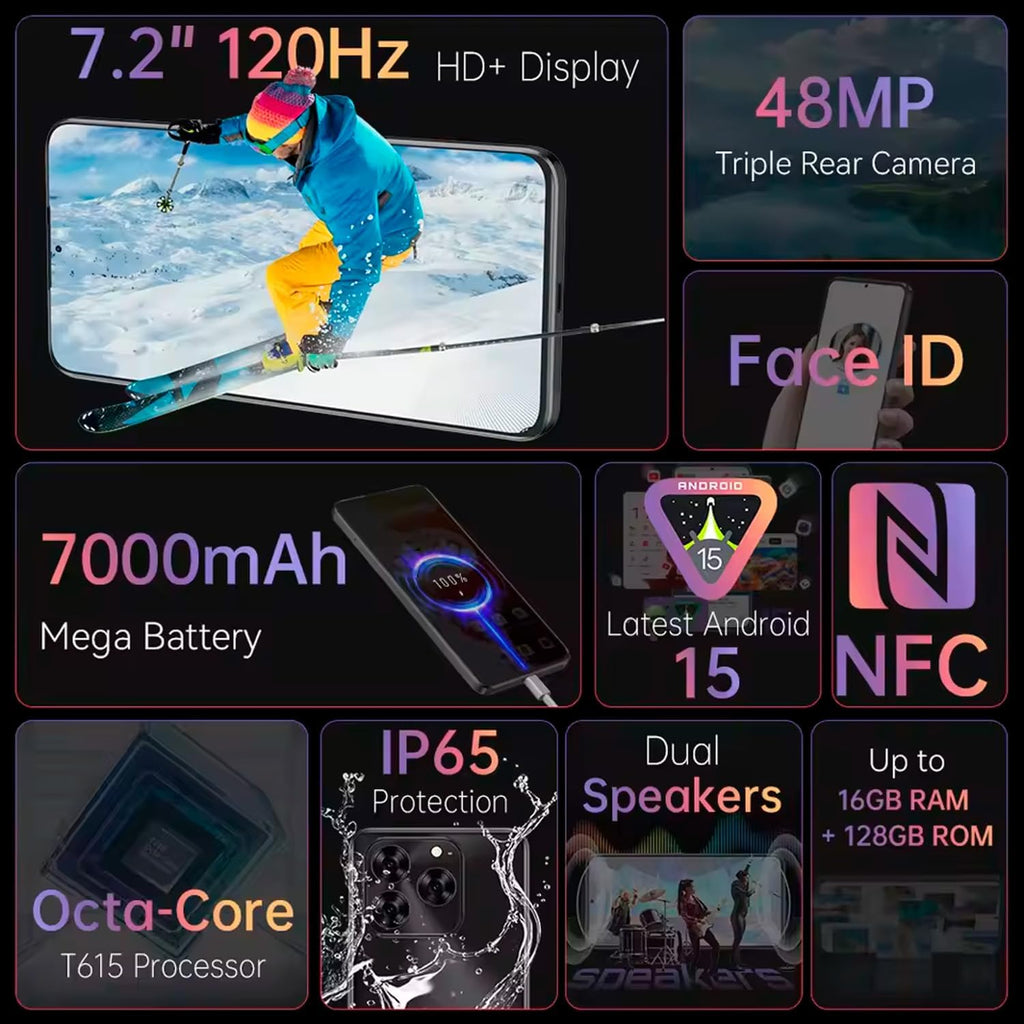 Note 60 - Smartphone 4G 7.2" HD+ 120Hz, 16GB RAM (6GB+10GB Exp.), 128GB ROM, 48MP Kamera, 7000mAh Batteri, Android 15, Unisoc T615, Svart