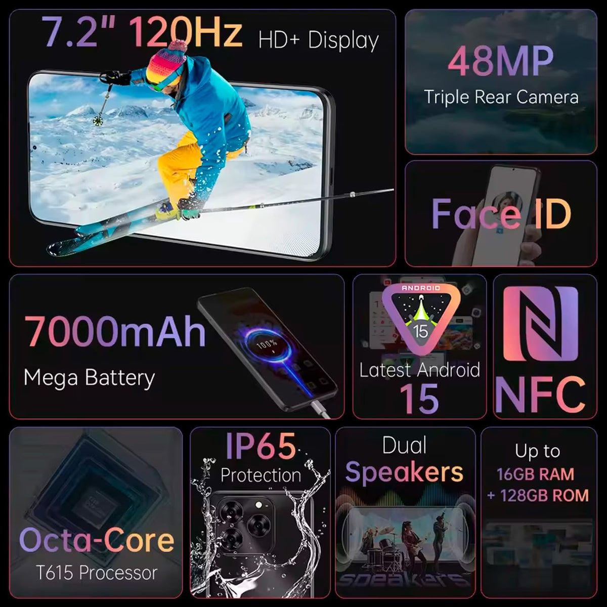 Note 60 - Smartphone 4G 7.2" HD+ 120Hz, 16GB RAM (6GB+10GB Exp.), 128GB ROM, 48MP Kamera, 7000mAh Batteri, Android 15, Unisoc T615, Svart
