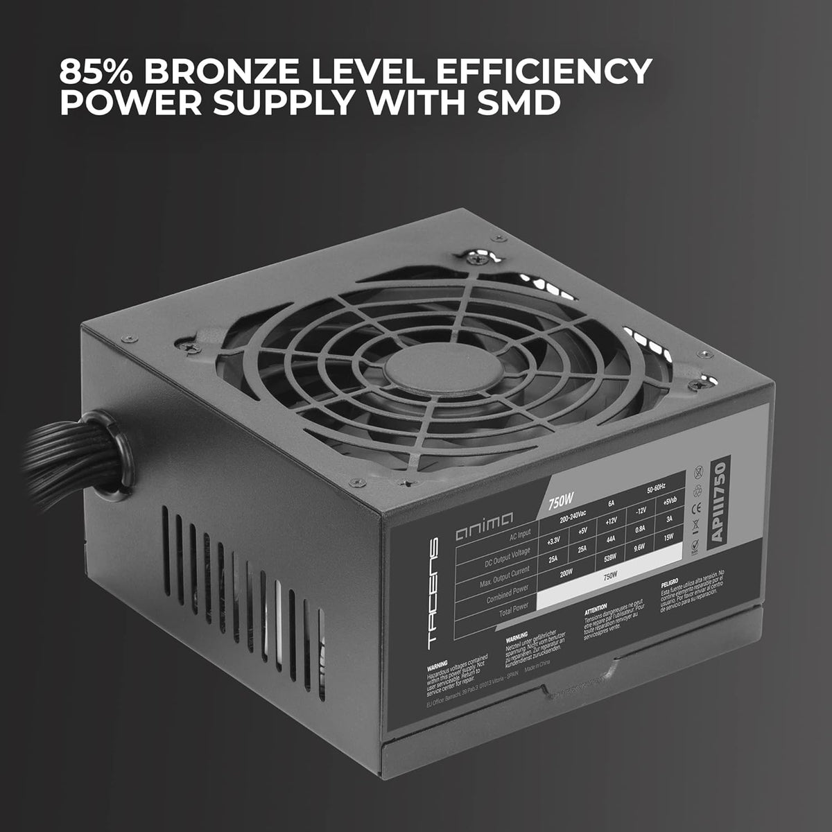 Tacens Anima APIII750, ATX-nätaggregat för PC 750W, SMD-teknik, 85% 12V-effektivitet, 12 cm ultratyst fläkt, Japanska TK-kondensatorer 105 °C, Kolfiberkablar, Svart
