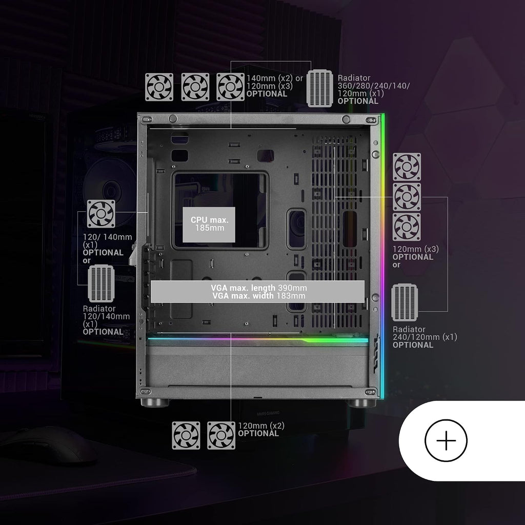 Mars Gaming MC-S1 svart, kompakt Micro-ATX Gaming PC-hölje, ARGB belysning 12 lägen, FRGB-fläkt, Full Side Window, MCS1