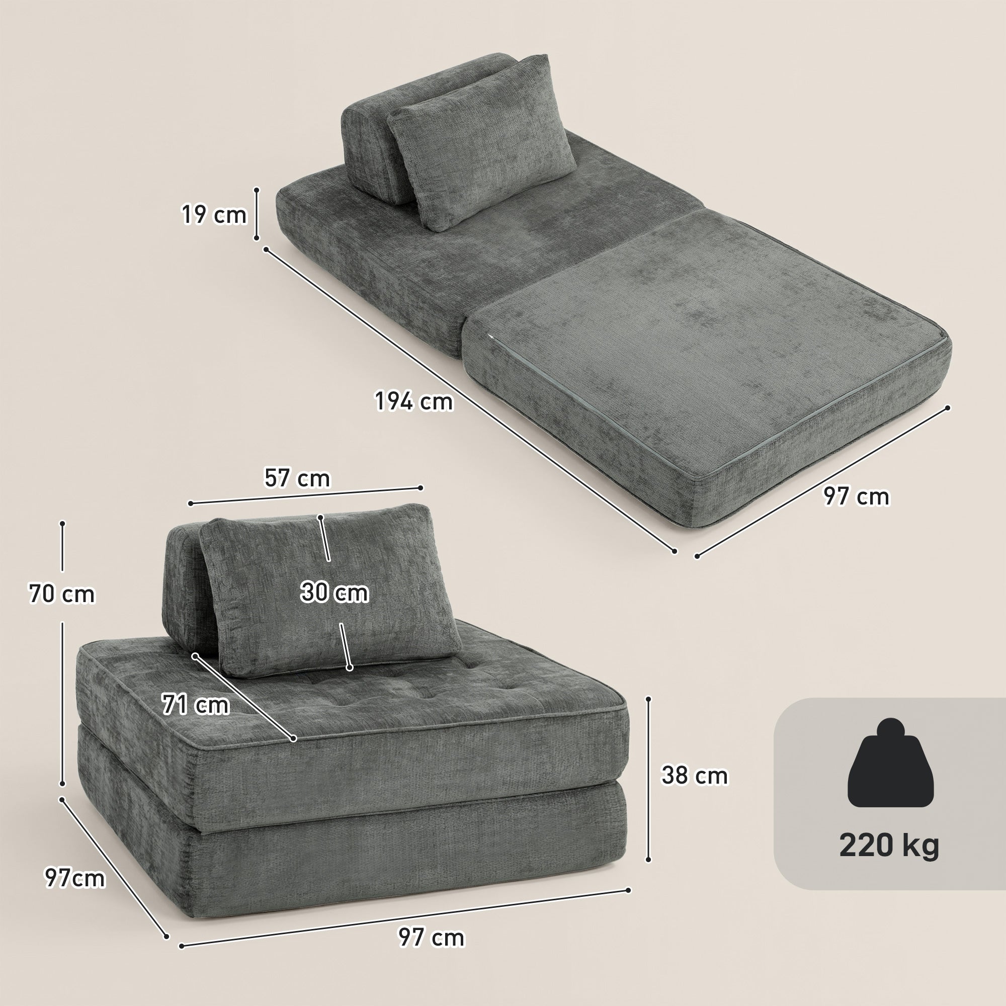 Canapé-lit pliant 2 en 1, chauffeuse 1 place, convertible en chenille, coussin épais, dossier et oreiller, gris-2
