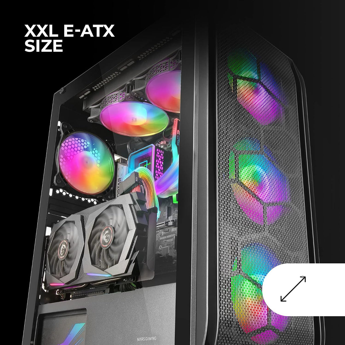 Mars Gaming MC-NOVA, Custom XXL E-ATX Gaming Tower, flyg- och rymdfartsaluminium, helt dubbelfönster härdat glas, Dual Chamber Construction, USB-C