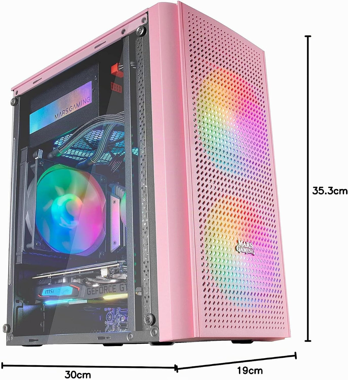 Mars Gaming MC300P rosa, Micro-ATX PC-hölje, härdat glas, meshfront, 3 x FRGB fläkt
