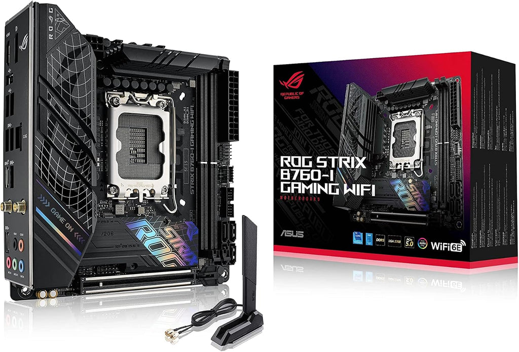 ASUS ROG Strix B760-I Gaming WiFi - Intel B760 LGA 1700 Mini ITX moderkort (DDR5, 8 + 1 DrMOS, PCIe 5.0, 2 x PCIe 4.0 M.2, wifi 6E, 2.5G Ethernet, USB 3.2 Gen 2 x 2 Type-C, Aura Sync RGB)