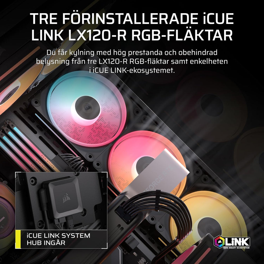 CORSAIR 3500X LX-R RGB Mid-Tower Datorchassi – 3 förinstallerade LX120-R RGB-fläktar, iCUE LINK Hub - Härdat glas, Plats 10x120 mm fläktar, Kompatibelt med moderkort för omvänd kontakt - Svart