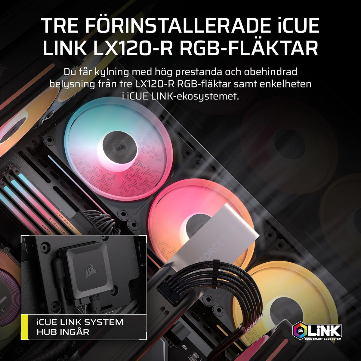 CORSAIR 3500X LX-R RGB Mid-Tower Datorchassi – 3 förinstallerade LX120-R RGB-fläktar, iCUE LINK Hub - Härdat glas, Plats 10x120 mm fläktar, Kompatibelt med moderkort för omvänd kontakt - Svart