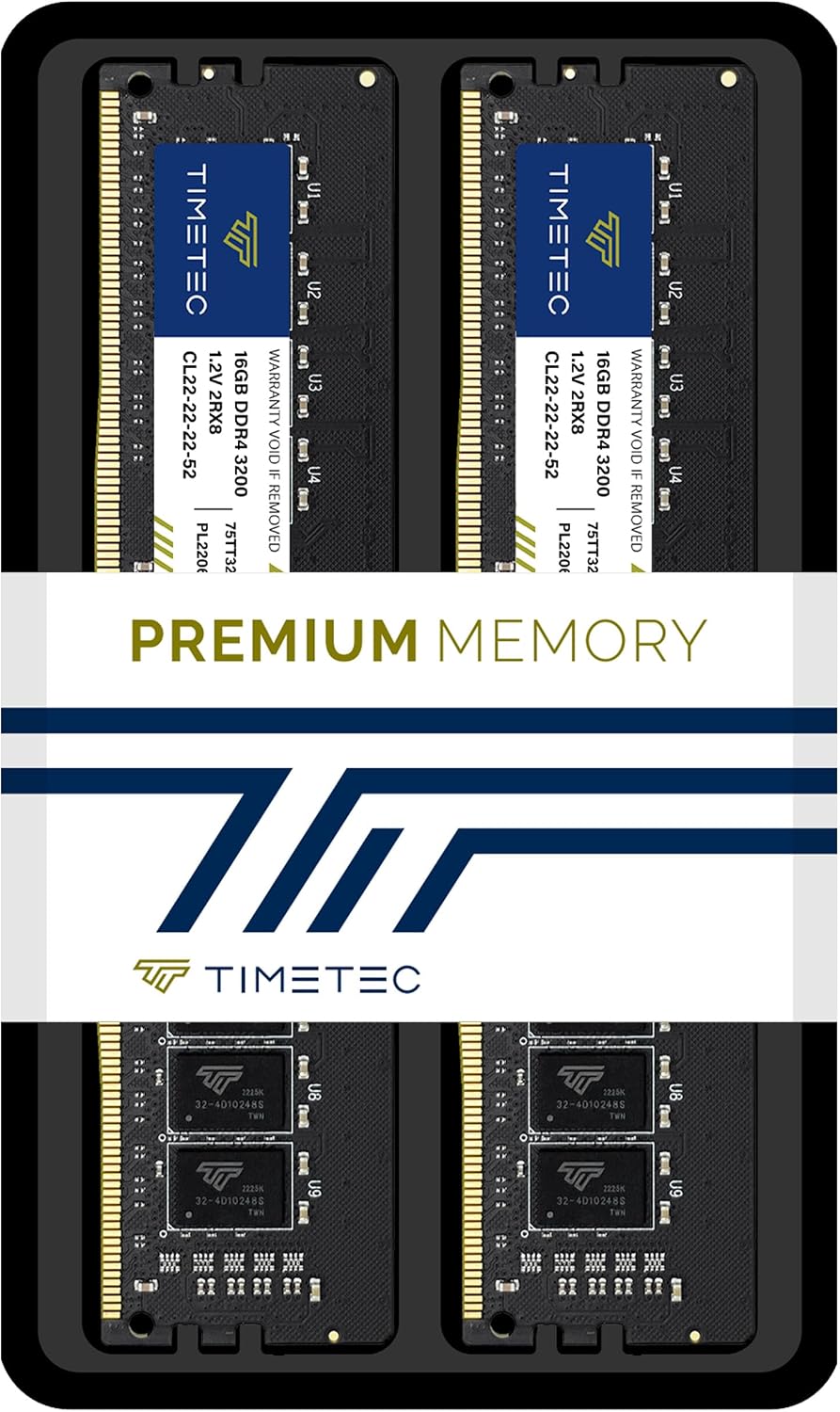 Timetec Premium 32 GB kit (2 x 16 GB) DDR4 3200 MHz (eller 2 933 MHz eller 2666 MHz) PC4-25600 icke-XMP CL22 1,2 V icke-ECC obuffrad 2Rx8 Dual Rank 288 Pin UDIMM skrivbord PC datorminne