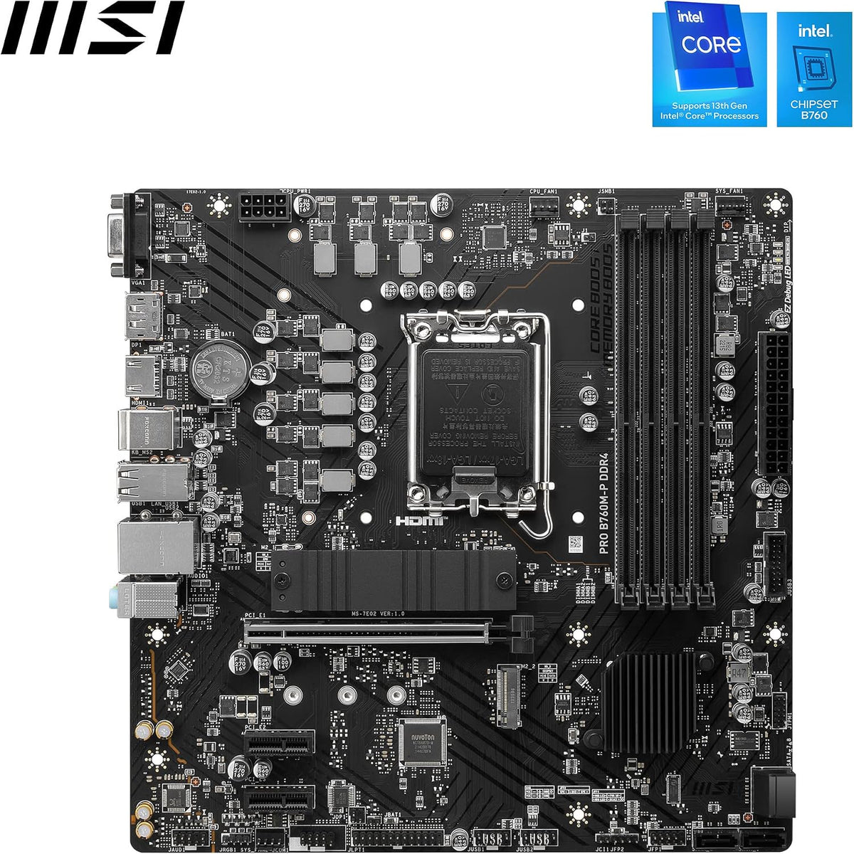 MSI PRO B760M-P DDR4 moderkort, Micro-ATX - Stöder Intel 12:e och 13:e generationens kärnprocessorer, LGA 1700 - DDR4 Memory Boost 4800+MHz/OC, PCIe 4.0 x16-kortplats, M.2 Gen4-kortplatser, olika