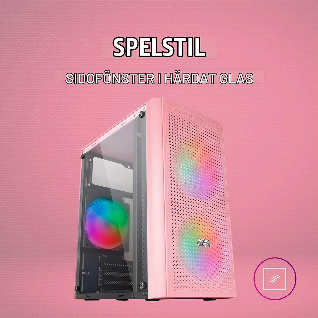 Mars Gaming MC300P rosa, Micro-ATX PC-hölje, härdat glas, meshfront, 3 x FRGB fläkt