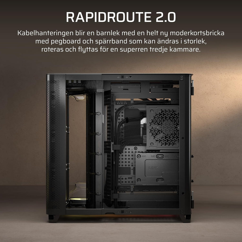 CORSAIR AIR 5400 RS-R ARGB Mid-Tower PCchassi Panoramaglasdesign Med Tre Kammare – 3x Förinstallerad RS120-R ARGB Omvänd Rotor, Isolerad 360mm AIOkammare, Omvänd Anslutning Moderkorts Stöd – Svart