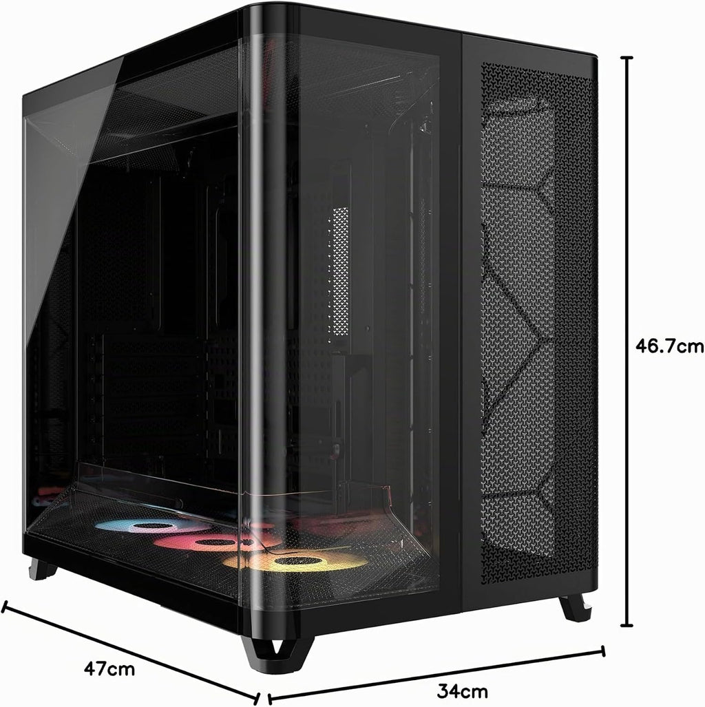CORSAIR AIR 5400 RS-R ARGB Mid-Tower PCchassi Panoramaglasdesign Med Tre Kammare – 3x Förinstallerad RS120-R ARGB Omvänd Rotor, Isolerad 360mm AIOkammare, Omvänd Anslutning Moderkorts Stöd – Svart