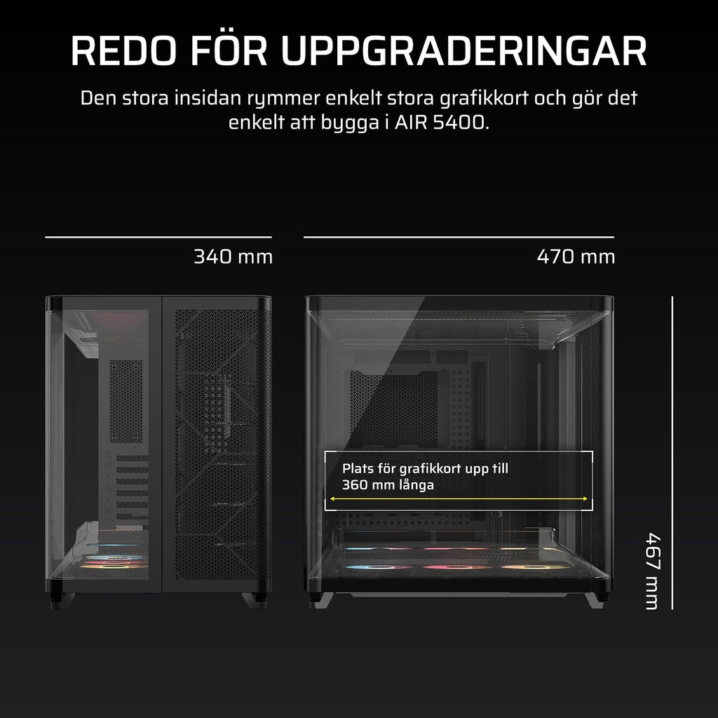 CORSAIR AIR 5400 RS-R ARGB Mid-Tower PCchassi Panoramaglasdesign Med Tre Kammare – 3x Förinstallerad RS120-R ARGB Omvänd Rotor, Isolerad 360mm AIOkammare, Omvänd Anslutning Moderkorts Stöd – Svart