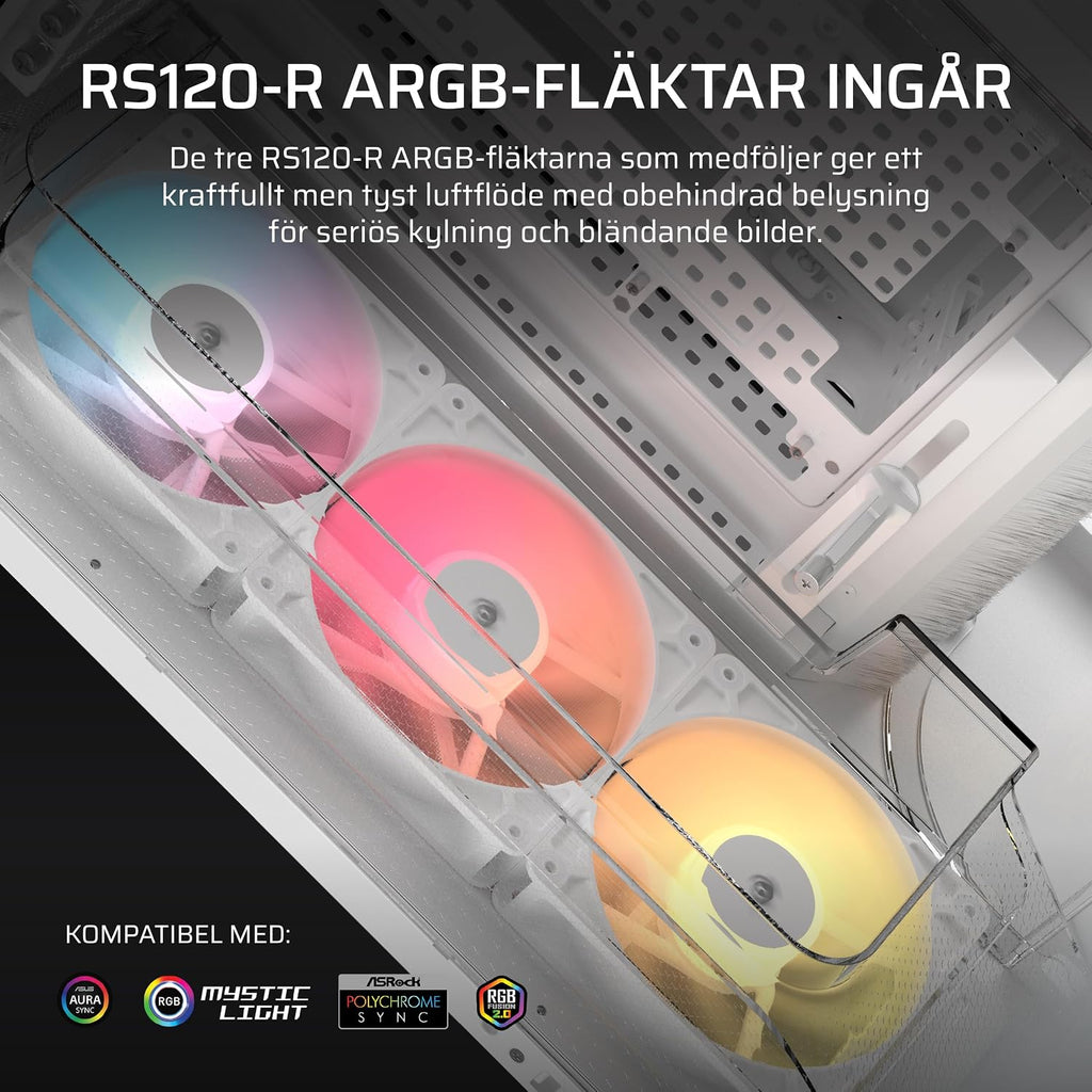 CORSAIR AIR 5400 RS-R ARGB Mid-Tower PCchassi Panoramaglasdesign Med Tre Kammare – 3x Förinstallerad RS120-R ARGB Omvänd Rotor, Isolerad 360mm AIOkammare, Omvänd Anslutning Moderkorts Stöd – Svart