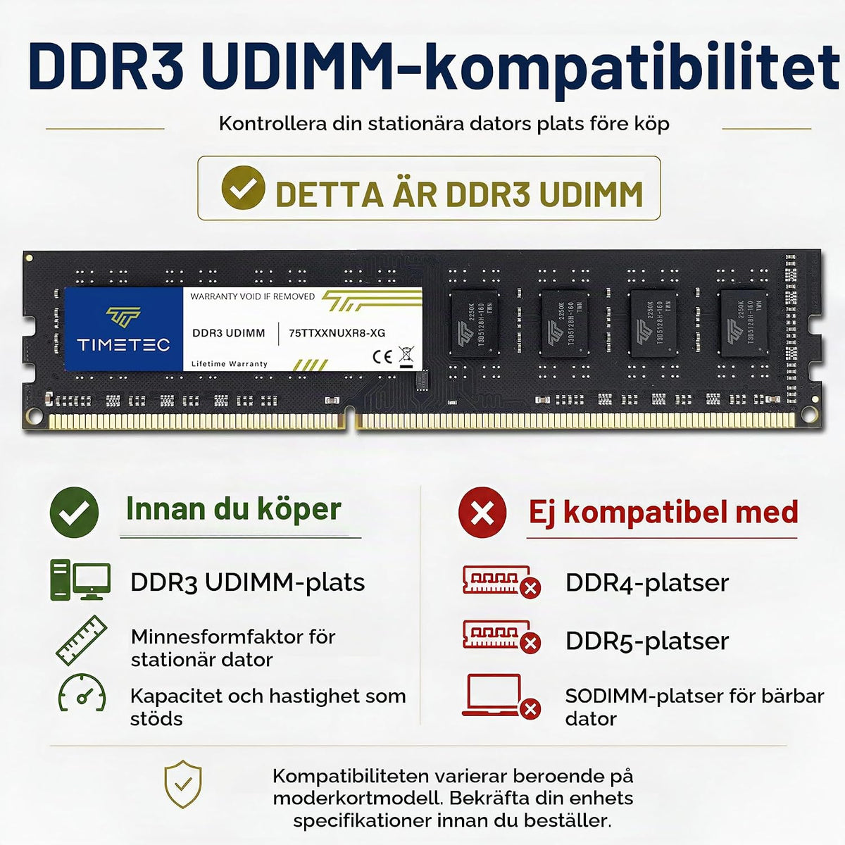 Timetec 16GB (2x8GB) DDR3L / DDR3 1600MHz PC3L-12800 / PC3-12800 Ingen ECC Obuffrad 1,35V / 1,5V CL11 2Rx8 Dual Rank 240 Pin UDIMM Stationär dator RAM-minne (SDRAM) uppgraderingsmodul