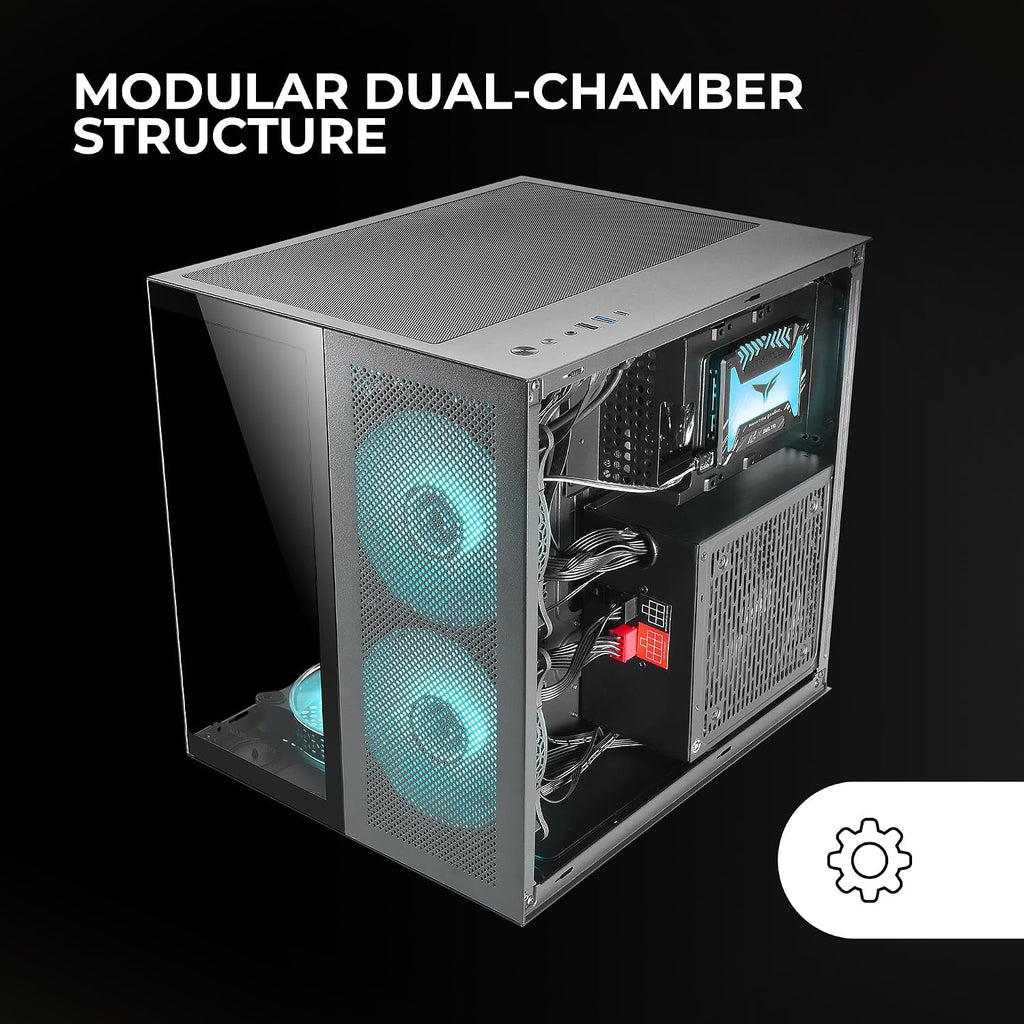 Mars Gaming MC-S1 svart, kompakt Micro-ATX Gaming PC-hölje, ARGB belysning 12 lägen, FRGB-fläkt, Full Side Window, MCS1