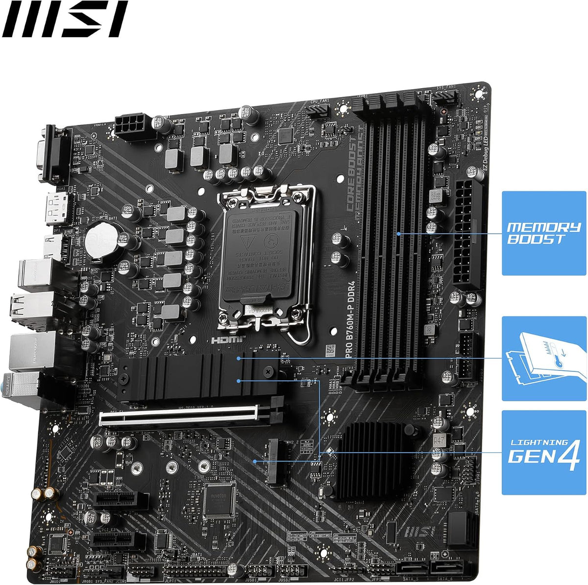 MSI PRO B760M-P DDR4 moderkort, Micro-ATX - Stöder Intel 12:e och 13:e generationens kärnprocessorer, LGA 1700 - DDR4 Memory Boost 4800+MHz/OC, PCIe 4.0 x16-kortplats, M.2 Gen4-kortplatser, olika