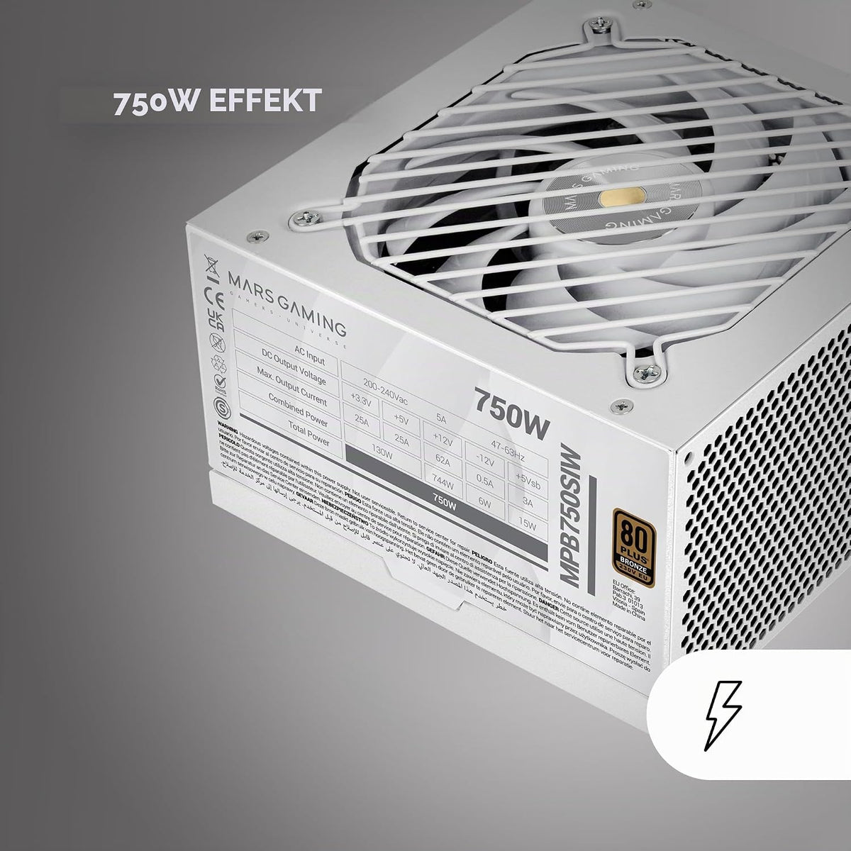 Mars Gaming MPB750SI, ATX Nätaggregat för PC 750W, 7 Års Garanti, 80Plus Bronze 230V, 90% Effektivitet, SI Extreme Silence-fläkt med Kopparkärna, AI2-RPM, DC-DC och SMD-teknologier, Vit