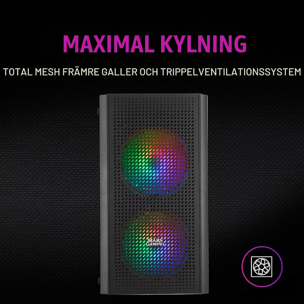 Mars Gaming MC300P rosa, Micro-ATX PC-hölje, härdat glas, meshfront, 3 x FRGB fläkt