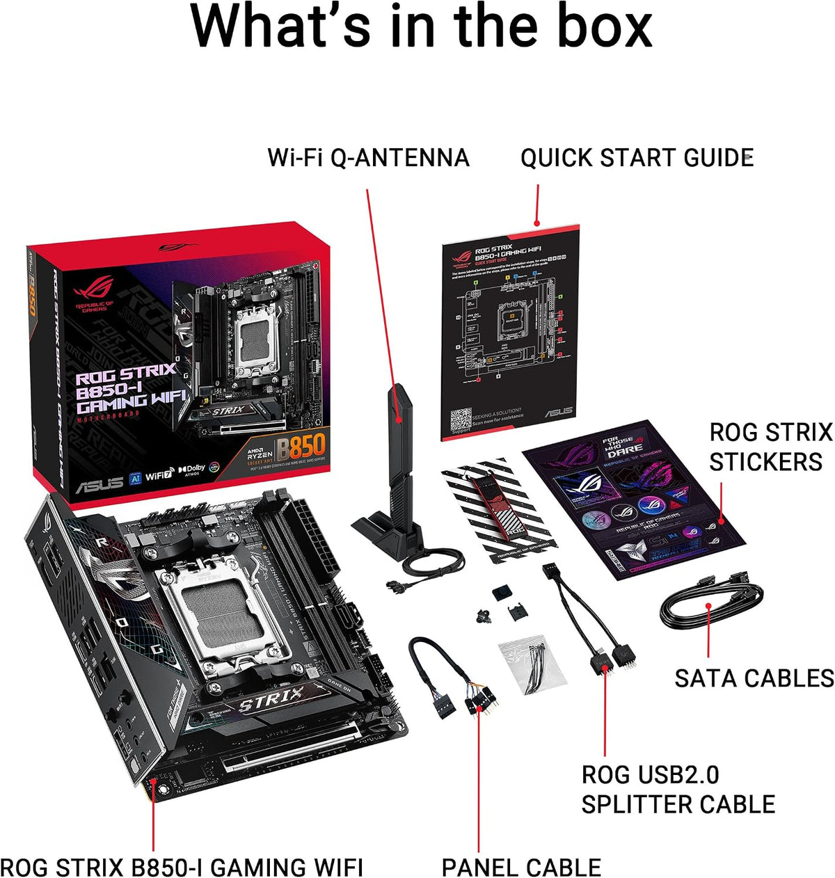 ASUS ROG Strix B850-I WiFi-spel, AMD Mini-ITX moderkort, 10+2+1-stegs strömförsörjning, DDR5, PCIe 5.0-plats med Q-release-plats, 2 M.2-platser, WiFi 7 med WiFi Q-antenn, AI Advisor, AI Networking II