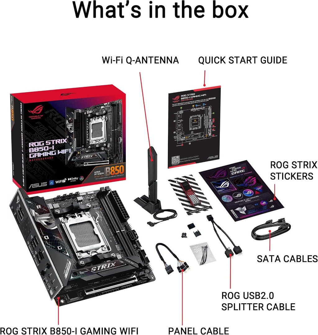 ASUS ROG Strix B850-I WiFi-spel, AMD Mini-ITX moderkort, 10+2+1-stegs strömförsörjning, DDR5, PCIe 5.0-plats med Q-release-plats, 2 M.2-platser, WiFi 7 med WiFi Q-antenn, AI Advisor, AI Networking II