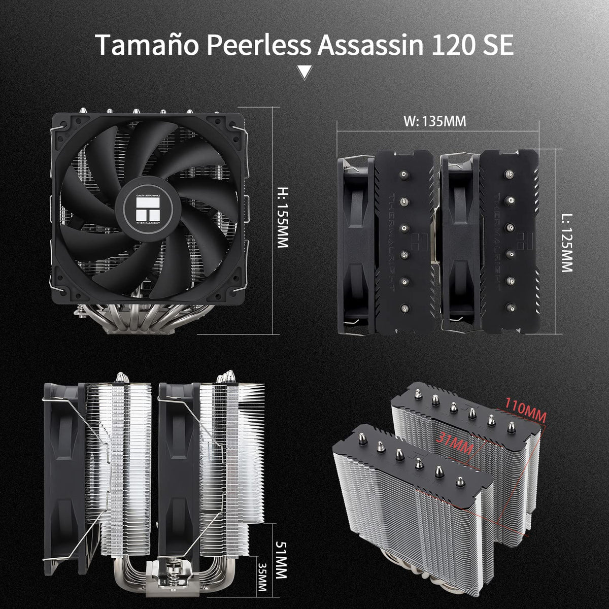 TR Peerless Assassin 120 SE svart, 6 värmerör, 2 x 155 mm, hög kylning PWM TL-C12C för AM4/AM5 och Intel LGA 1851/1700/1150/1151/1200 (svart, PA120SE)