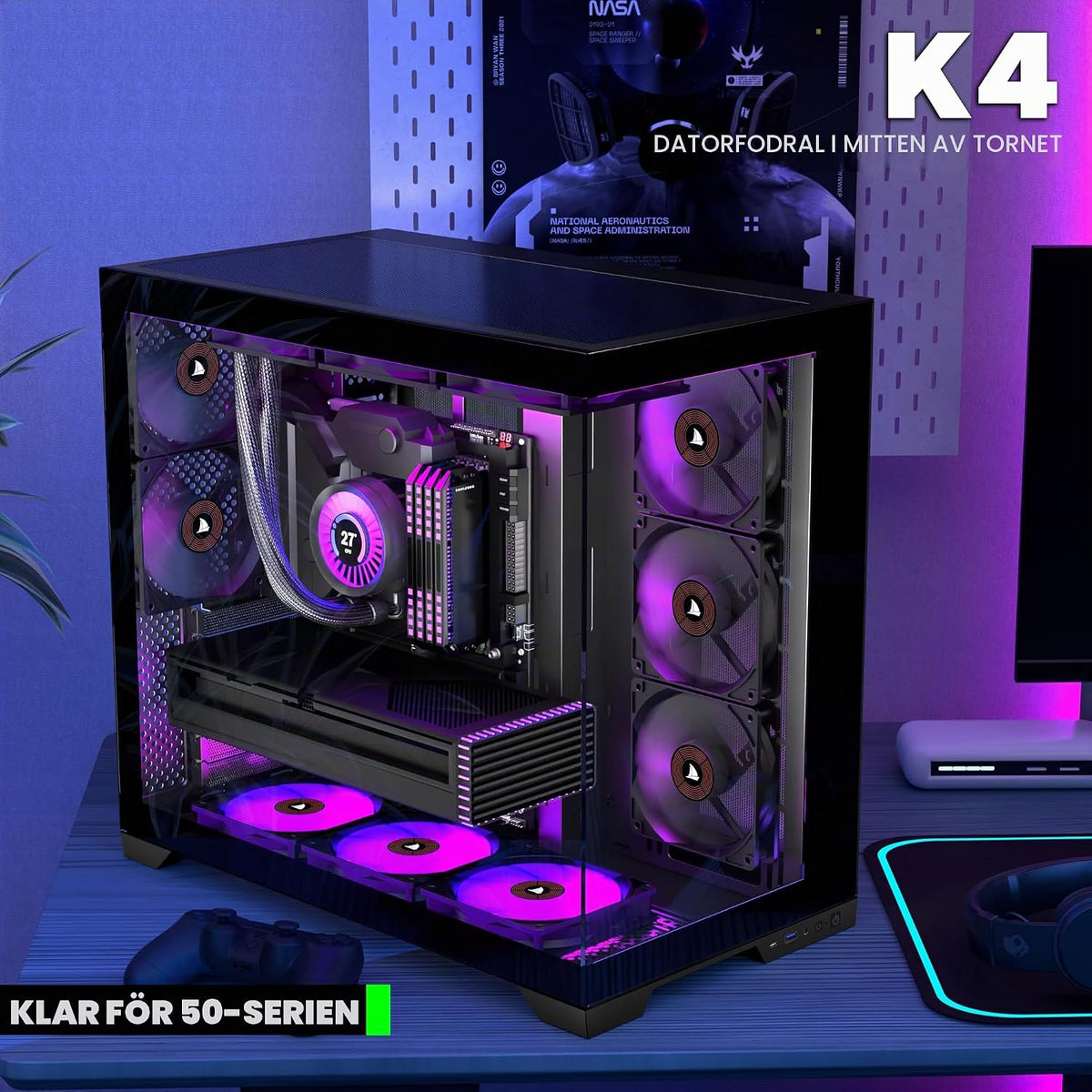 KEDIERS PC-hölje – förinstallerade 5-fläktar, ATX Mid Tower spelhölje, datorväska med öppnande sidopanel av härdat glas, svart G500
