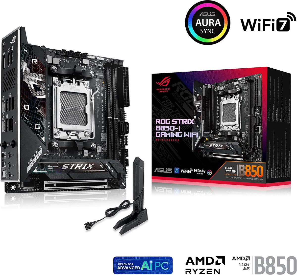 ASUS ROG Strix B850-I WiFi-spel, AMD Mini-ITX moderkort, 10+2+1-stegs strömförsörjning, DDR5, PCIe 5.0-plats med Q-release-plats, 2 M.2-platser, WiFi 7 med WiFi Q-antenn, AI Advisor, AI Networking II