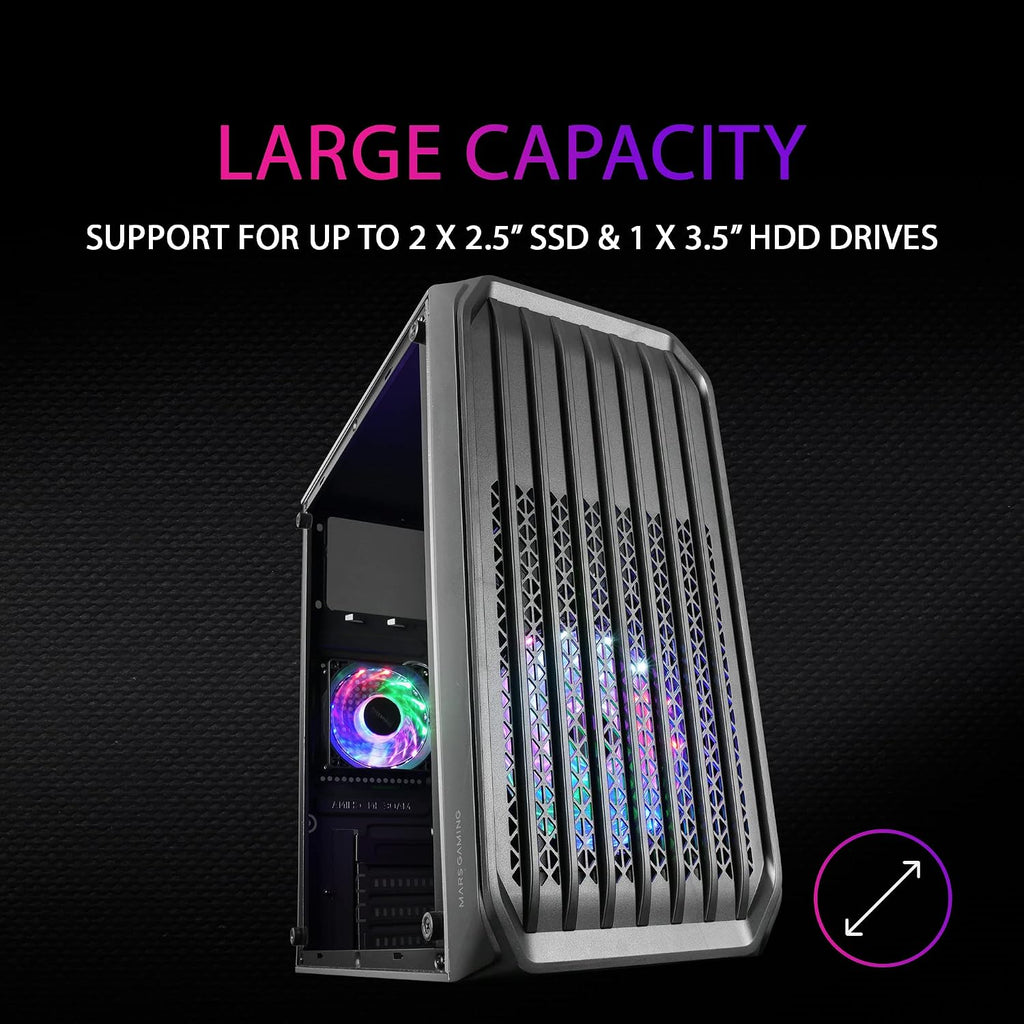 Mars Gaming MC-S2, ultrakompakt Micro-ATX PC-fodral, främre galler, 2x FRGB-fläktar, spelfodral för helsidofönster, stöder vätskekylning upp till 240 mm, vit