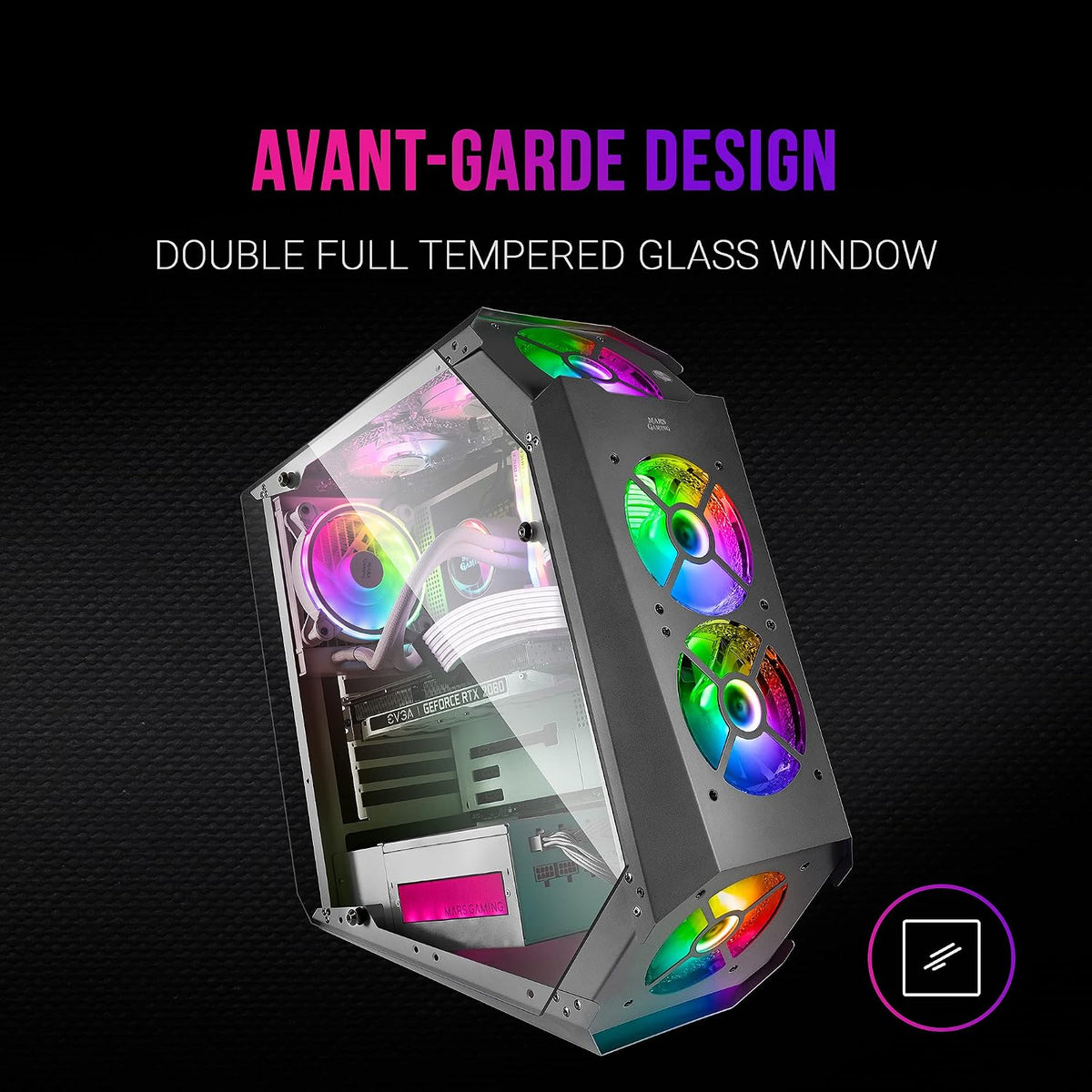 Mars Gaming MC300P rosa, Micro-ATX PC-hölje, härdat glas, meshfront, 3 x FRGB fläkt