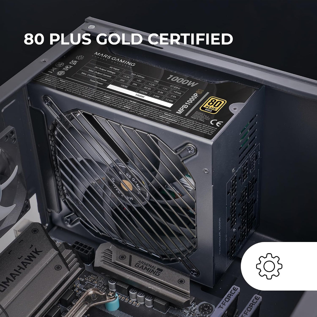 MARS GAMING MPB1000PSI, Fullmodulär ATX Nätaggregat 1000W, 10 Års Garanti, 80Plus Gold 90%, SI Fläkt 140mm, AI2-RPM, DC-DC och SMD Tekniker, ATX 3.1 och PCIe 5.1 med 12V 2x6 Kontakt, Svart