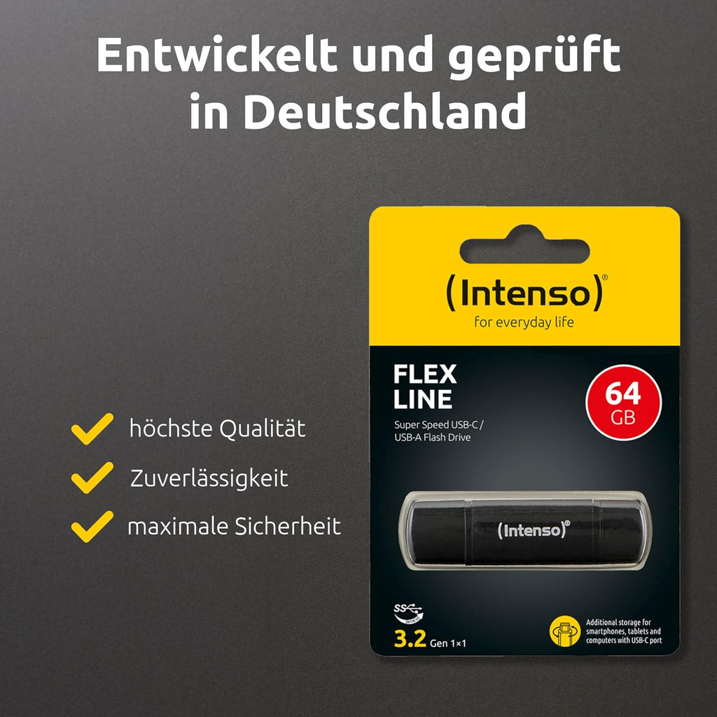 Intenso Flex Line 64 GB USB-minne - Dual USB 3.2 Gen 1x1 minne med USB-C och USB-A för smartphone, surfplatta, bärbar dator och OTG-kompatibel PC, 70 MB/s, svart