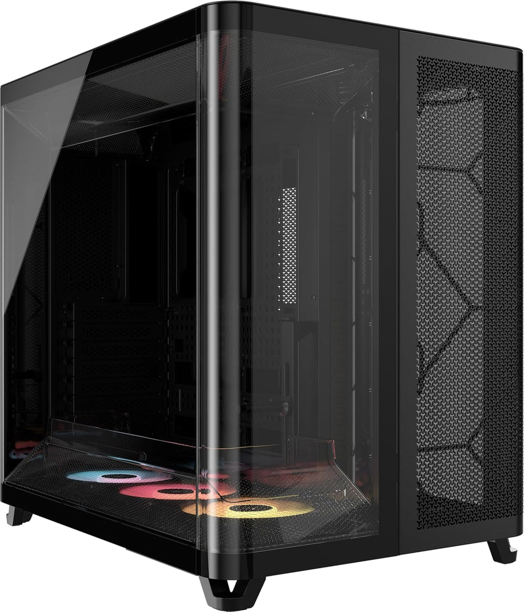 CORSAIR AIR 5400 RS-R ARGB Mid-Tower PCchassi Panoramaglasdesign Med Tre Kammare – 3x Förinstallerad RS120-R ARGB Omvänd Rotor, Isolerad 360mm AIOkammare, Omvänd Anslutning Moderkorts Stöd – Svart