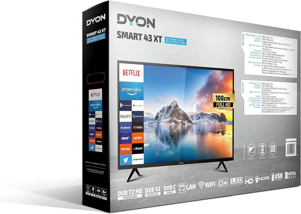 DYON Smart 40 VX-2 Full HD-TV, trippel HD-mottagare (DVB-C/-S2/-T2), App Store, Prime Video, Netflix, YouTube, DAZN, Disney+, svart