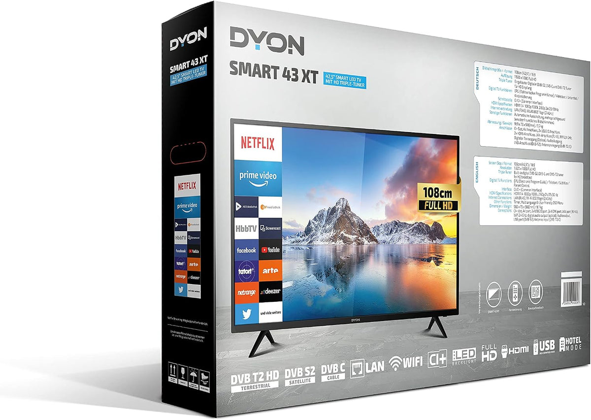 DYON Smart 40 VX-2 Full HD-TV, trippel HD-mottagare (DVB-C/-S2/-T2), App Store, Prime Video, Netflix, YouTube, DAZN, Disney+, svart