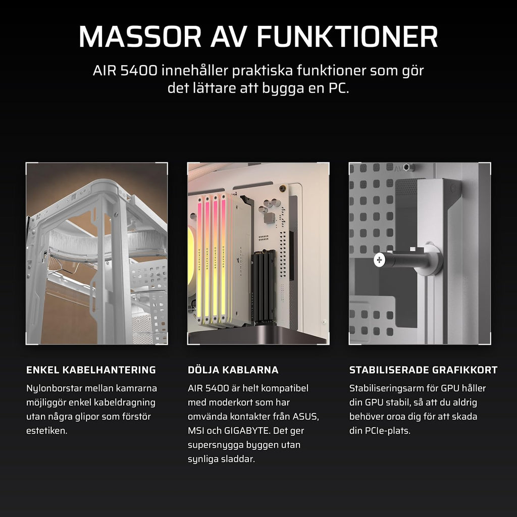 CORSAIR AIR 5400 RS-R ARGB Mid-Tower PCchassi Panoramaglasdesign Med Tre Kammare – 3x Förinstallerad RS120-R ARGB Omvänd Rotor, Isolerad 360mm AIOkammare, Omvänd Anslutning Moderkorts Stöd – Svart