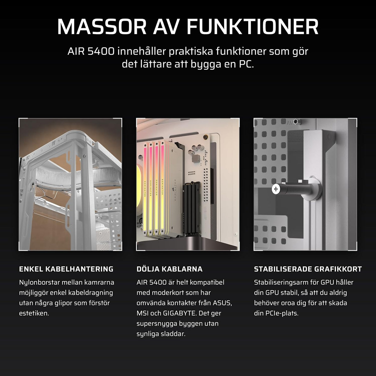 CORSAIR AIR 5400 RS-R ARGB Mid-Tower PCchassi Panoramaglasdesign Med Tre Kammare – 3x Förinstallerad RS120-R ARGB Omvänd Rotor, Isolerad 360mm AIOkammare, Omvänd Anslutning Moderkorts Stöd – Svart
