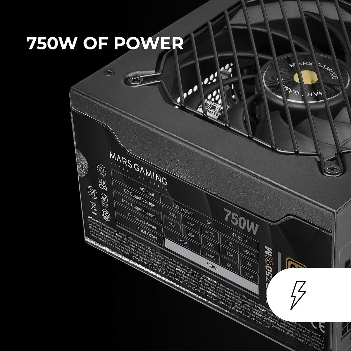 MARS GAMING MPB750SIM, Fullmodulärt ATX 750W Nätaggregat, 7 Års Garanti, 80Plus Bronze 230V EU, 90% Effektivitet, 140mm SI Extreme Silence Fläkt, AI2-RPM, DC-DC och SMD Teknologier, Svart