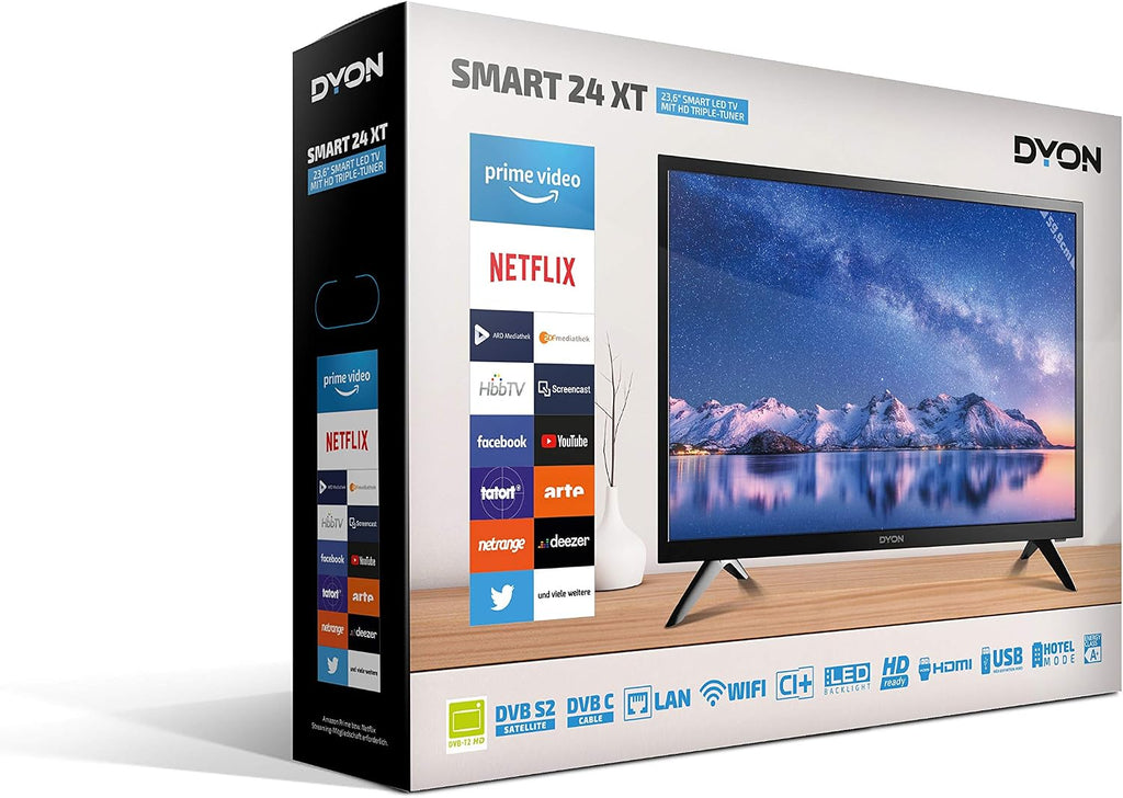 DYON Smart 40 VX-2 Full HD-TV, trippel HD-mottagare (DVB-C/-S2/-T2), App Store, Prime Video, Netflix, YouTube, DAZN, Disney+, svart