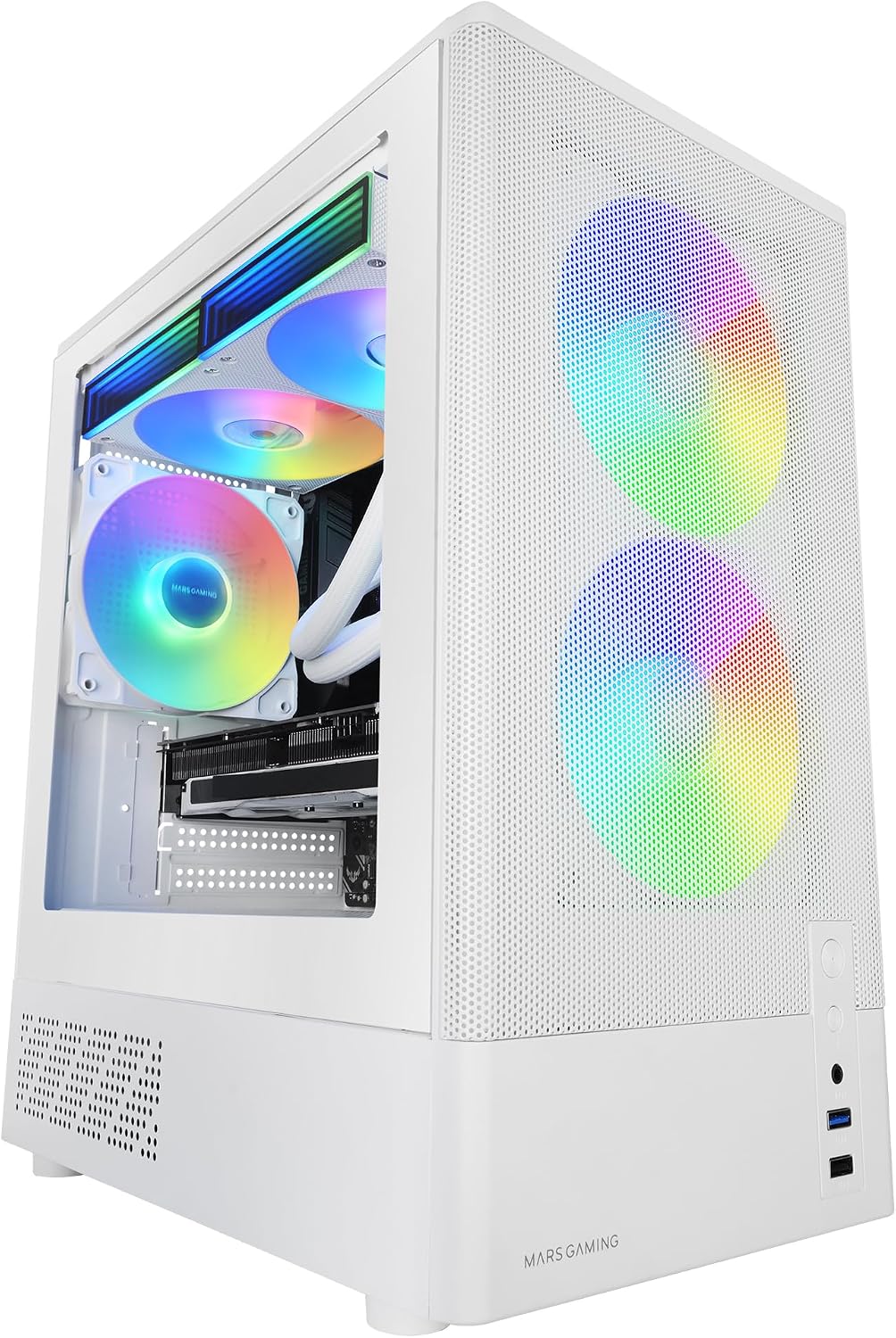 Mars Gaming MC-ONYX, MicroATX Gaming Chassi, Metallfront Mesh, Sidofönster i härdat glas, 3x ARGB FDB-fläktar, Dubbla kammare, Stöd för vätskekylning upp till 240mm, Vit
