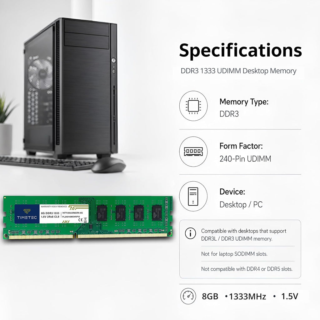 Timetec 32 GB kit (4 x 8 GB) DDR3 1 333 MHz PC3-10600 icke-ECC obuffrad 1,5 V CL9 2Rx8 Dual Rank 240 Pin UDIMM PC-stationär datorminne RAM-modul-uppgradering