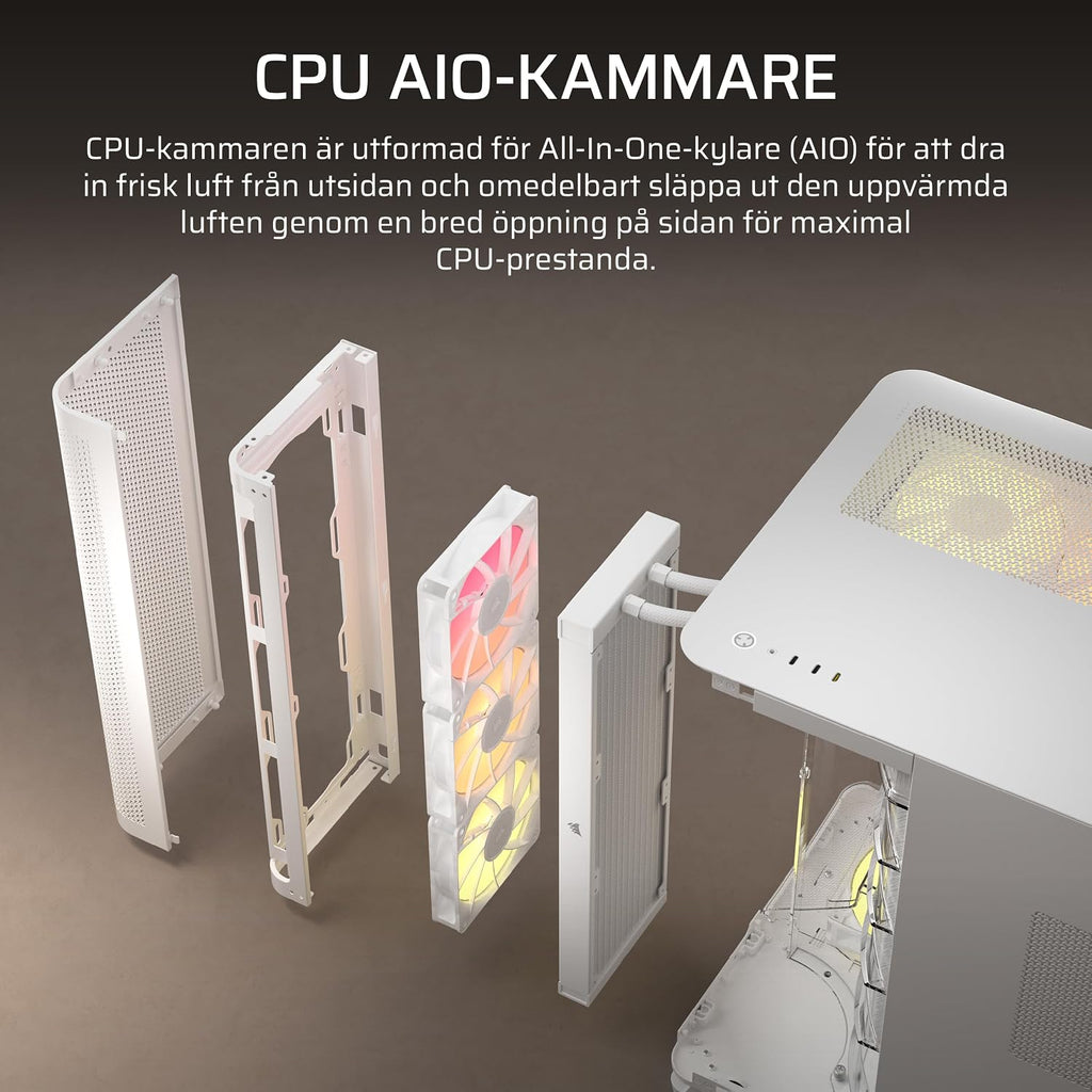 CORSAIR AIR 5400 RS-R ARGB Mid-Tower PCchassi Panoramaglasdesign Med Tre Kammare – 3x Förinstallerad RS120-R ARGB Omvänd Rotor, Isolerad 360mm AIOkammare, Omvänd Anslutning Moderkorts Stöd – Svart
