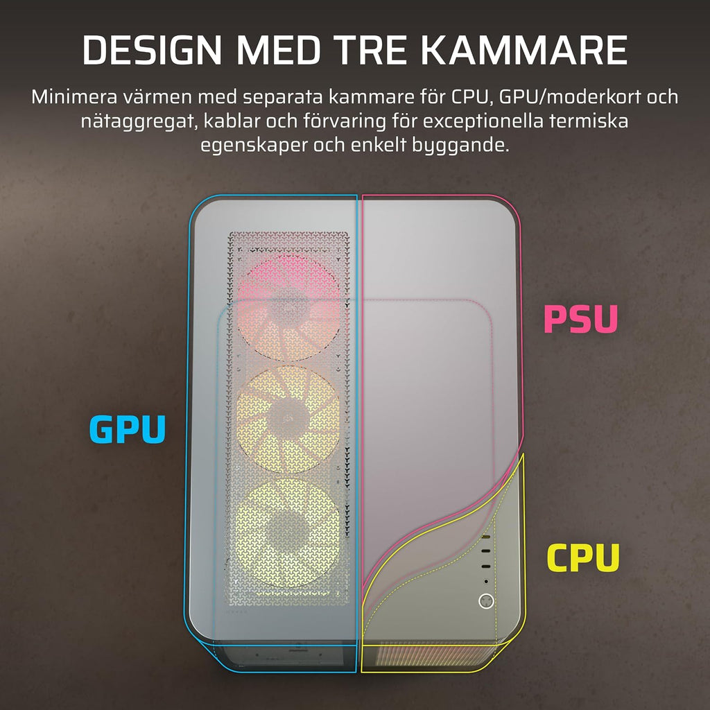 CORSAIR AIR 5400 RS-R ARGB Mid-Tower PCchassi Panoramaglasdesign Med Tre Kammare – 3x Förinstallerad RS120-R ARGB Omvänd Rotor, Isolerad 360mm AIOkammare, Omvänd Anslutning Moderkorts Stöd – Svart