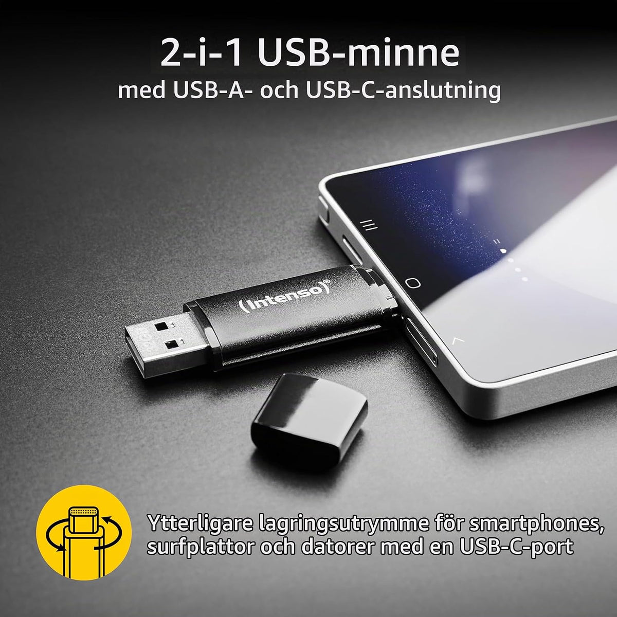 Intenso Flex Line 64 GB USB-minne - Dual USB 3.2 Gen 1x1 minne med USB-C och USB-A för smartphone, surfplatta, bärbar dator och OTG-kompatibel PC, 70 MB/s, svart