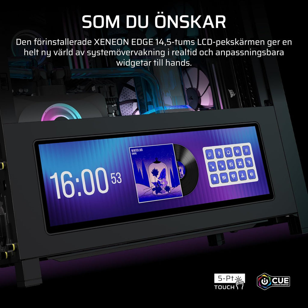 CORSAIR FRAME 4000D LCD RS ARGB Miditower-Datorchassi – XENEON EDGE 14,5-Tums LCD-Pekskärm - InfiniRail-Fläktmonteringssystem, 4x RS120 ARGB-Fläktar - Stöder Reverse-Connector Moderkort – Vit