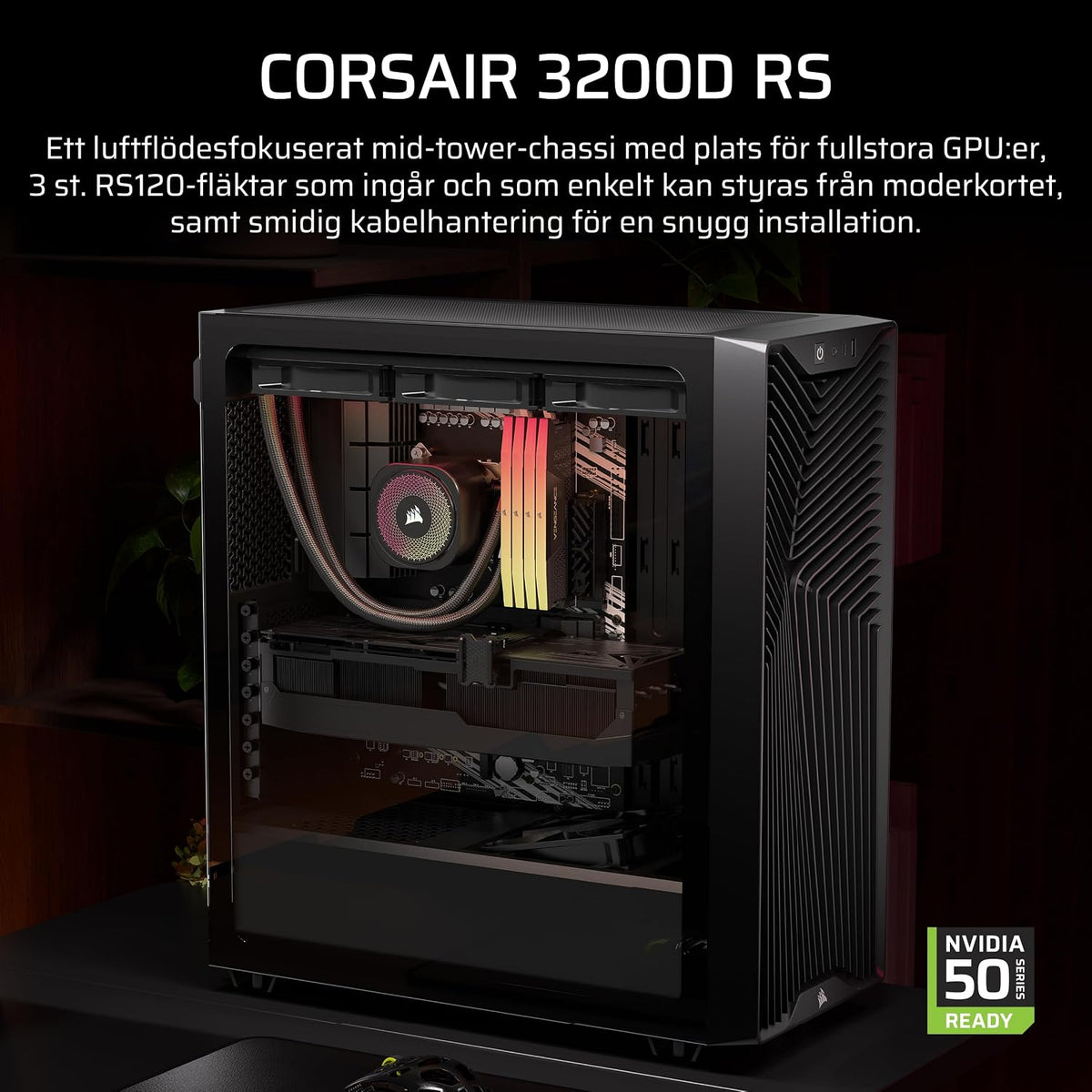 CORSAIR 3200D RS Mid Tower PC-Chassi – 3x RS120 PWM Fläktar Ingår – Svart