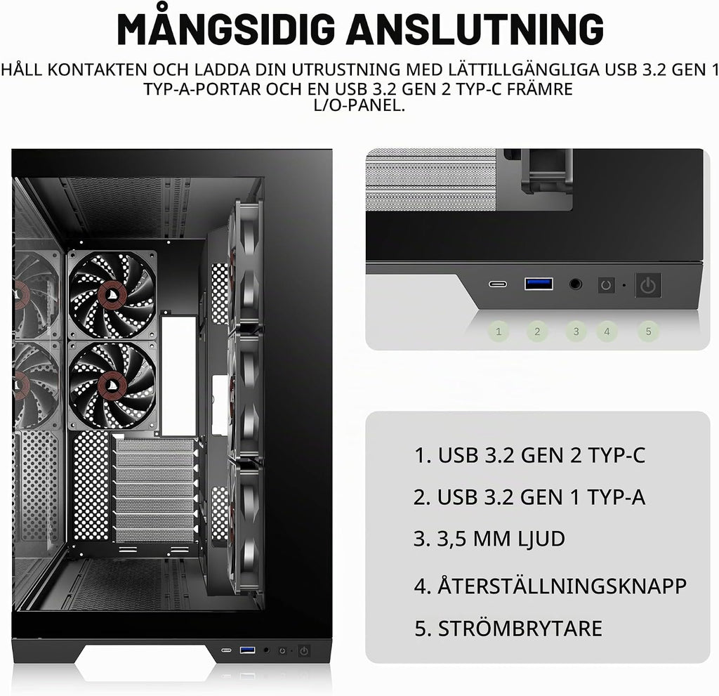 KEDIERS PC-hölje – förinstallerade 5-fläktar, ATX Mid Tower spelhölje, datorväska med öppnande sidopanel av härdat glas, svart G500