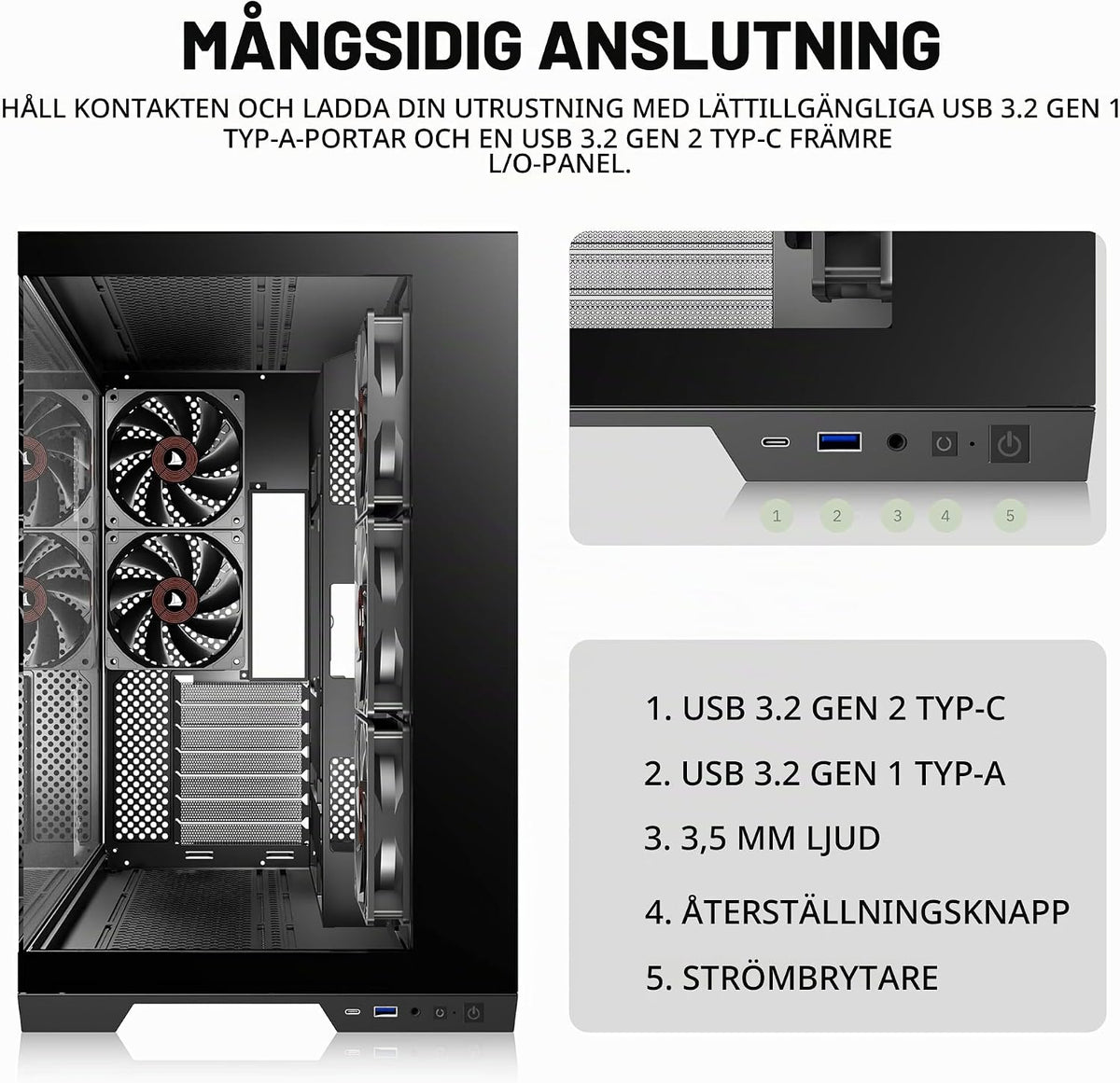 KEDIERS PC-hölje – förinstallerade 5-fläktar, ATX Mid Tower spelhölje, datorväska med öppnande sidopanel av härdat glas, svart G500