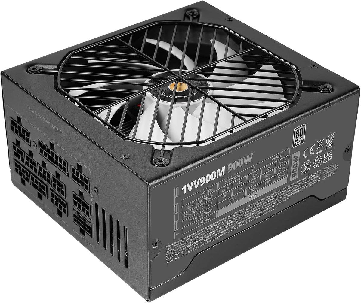 Tacens VALEO V 900M, ATX 3.1 Nätaggregat 900W, 10 Års Garanti, 80Plus Silver, AI2-RPM FDB 140mm Fläkt, Japanska Kondensatorer 105°C, Modulär Kabeldragning, PCIe 5.1 och 12V 2x6, Svart