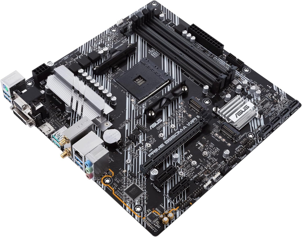 ASUS PRIME B550M-A WiFi II MicroATX moderkort, AMD B550, Socket AM4, DDR4, PCI 4.0, Realtek 1GB LAN, WiFi 6 (802.11ax), 2xM.2, 4xSATA 6GB/s, 2xUSB 3.2 Gen 2, Stöd för Aura Sync RGB, Svart
