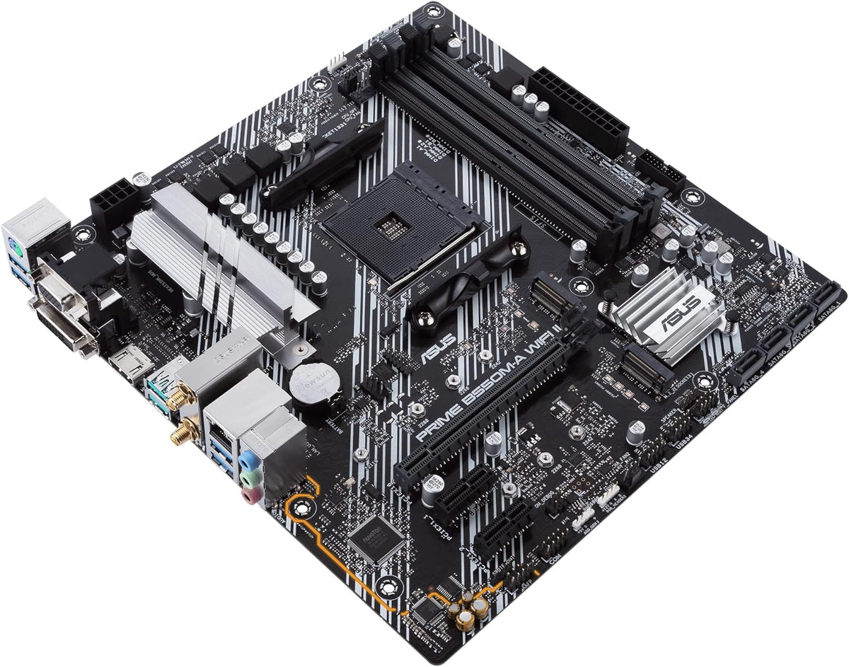 ASUS PRIME B550M-A WiFi II MicroATX moderkort, AMD B550, Socket AM4, DDR4, PCI 4.0, Realtek 1GB LAN, WiFi 6 (802.11ax), 2xM.2, 4xSATA 6GB/s, 2xUSB 3.2 Gen 2, Stöd för Aura Sync RGB, Svart